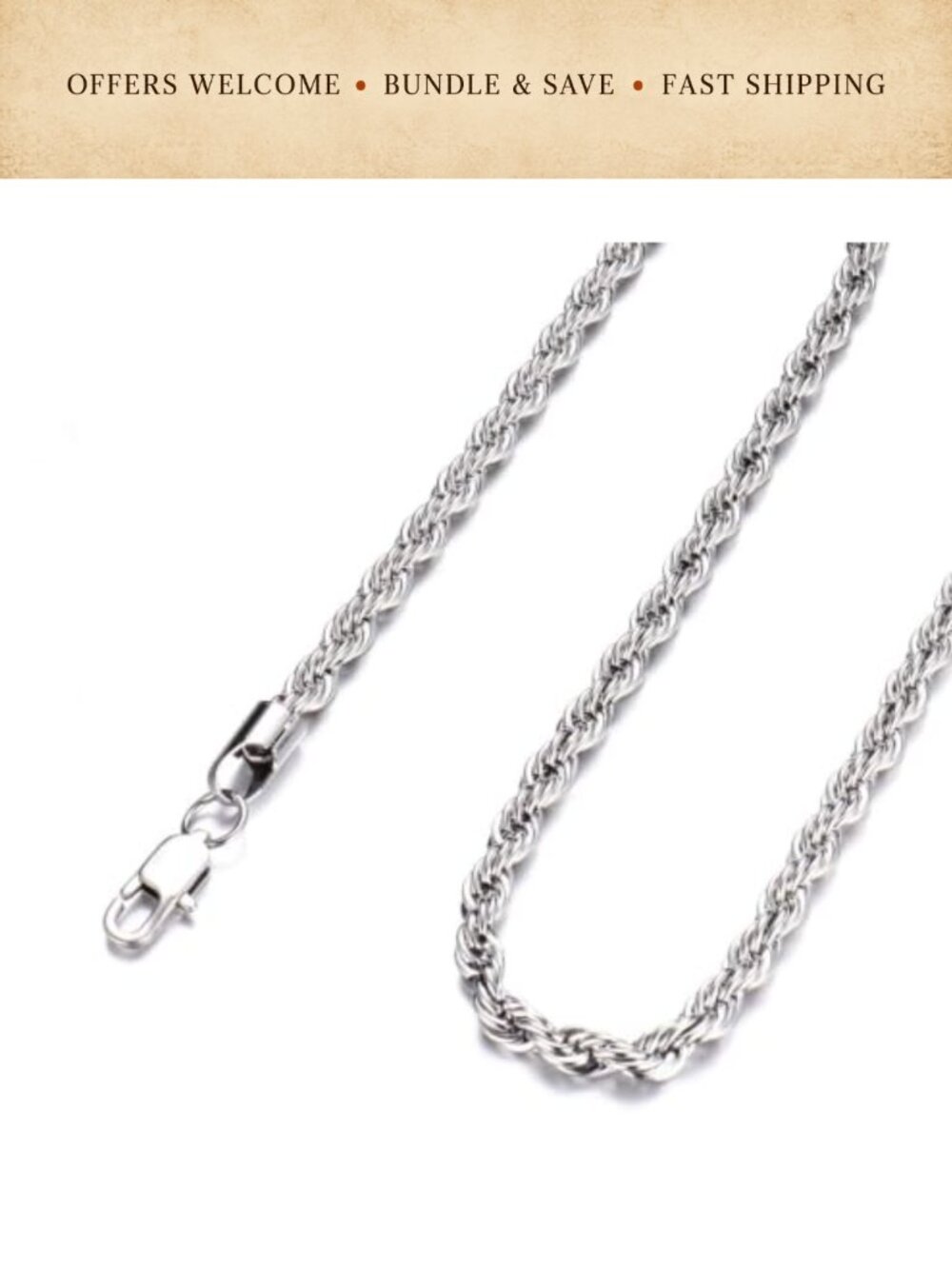Men Stainless Steel Twist Rope Chain Necklace 3-5mm Lobster Clasp